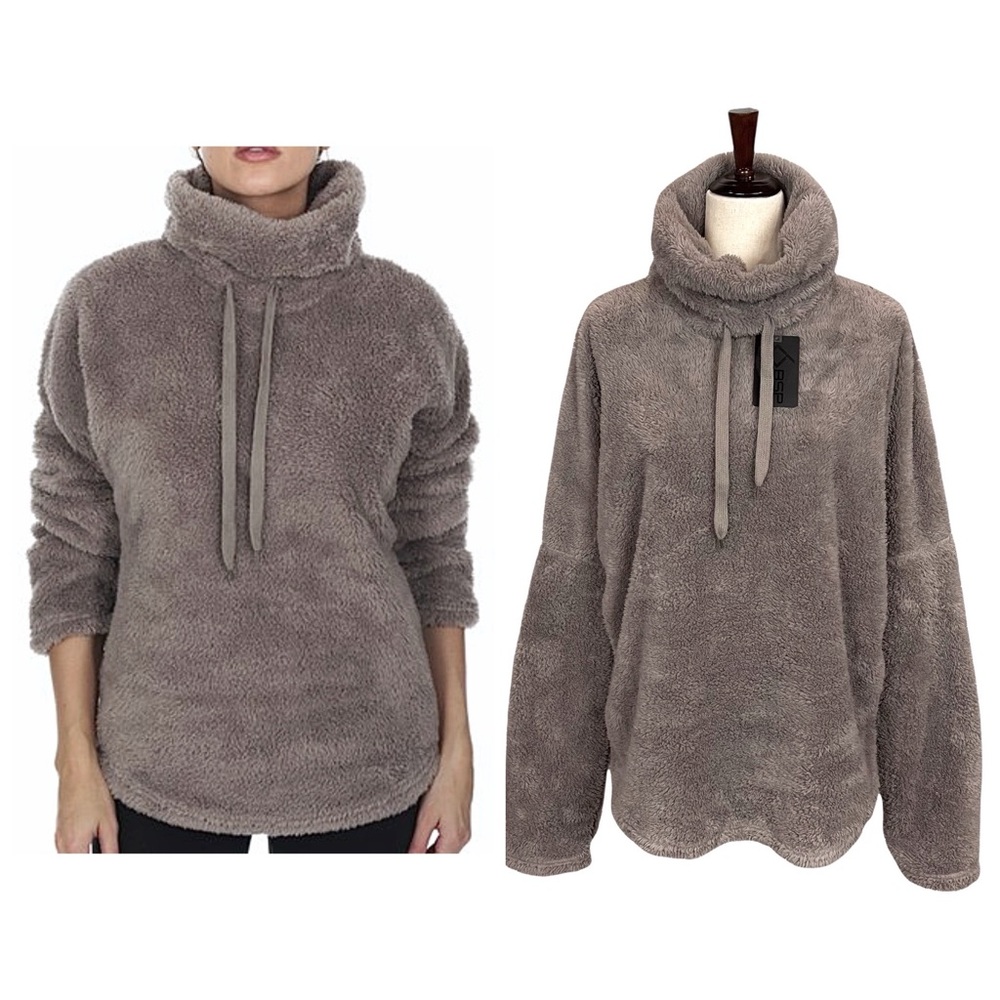 BSP Sherpa Drawstring Cowl Neck Furry Plush Pullover
